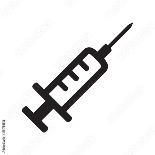 A black and white drawing of a syringe with a needle for medical or vaccination purposes shown