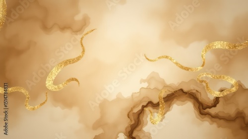 Ethereal background in tan and beige with dreamy watercolor effects, highlighted by abstract flowing golden lines for elegant sophistication
