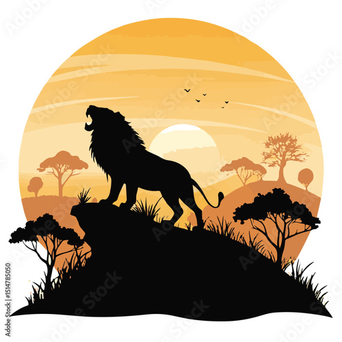 A lone wolf silhouette howls at the vibrant orange sunset, its wild form a striking illustration against the darkening nature