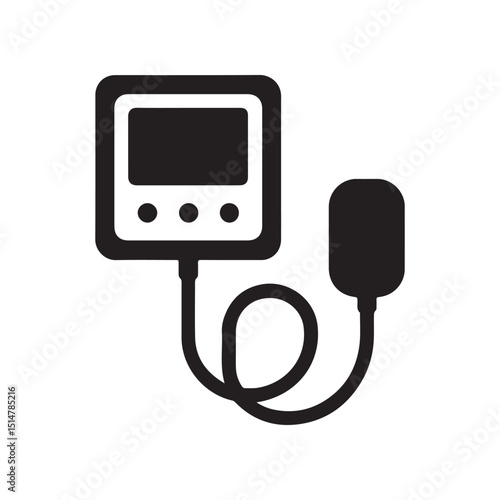 Illustration of a blood pressure monitor with a screen and an inflatable cuff connected by tubes