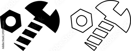 Nut and bolt icon. construction industry symbol. protective eyewear. adjustable wrench sign

