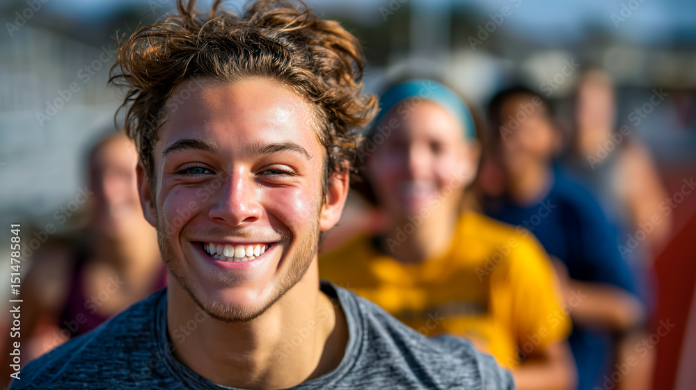 Smiling young athlete leading a group of runners during a training session. Fitness and healthy lifestyle on display. Smiling young athlete leading a group of runners during a training session. Fitness and healthy lifestyle on display.