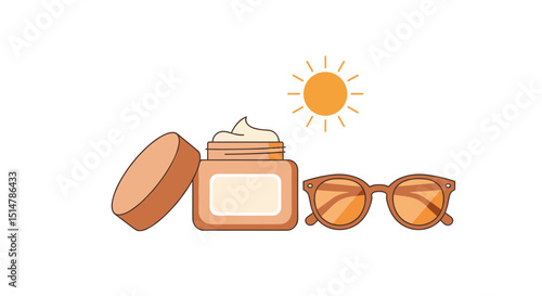 Skincare cream jar and sunglasses with sun icon in bright colors  