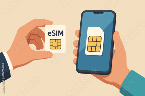eSIM technology concept illustration. Hand holding an embedded SIM card, another hand presents smartphone with digital SIM icon. Mobile communication evolution, wireless networking, new tech.