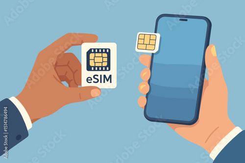 eSIM upgrade. Smartphone with embedded digital SIM. Hand with physical SIM card. Mobile technology evolution. Future of communication and connectivity. Network innovation. Vector illustration.