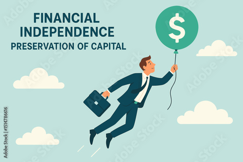 Financial independence. Preservation of capital. Businessman with dollar balloon flying to success. Wealth growth, investment. Financial freedom. Upward mobility. Business concept vector.
