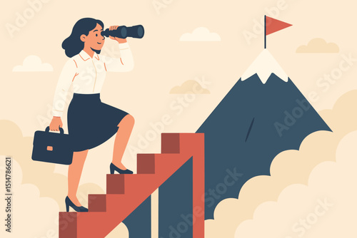 Ambitious businesswoman with binoculars on upward arrow stairs, aiming for mountain summit flag. Concept of vision, success, career goal, strategy, leadership, achievement, future planning.