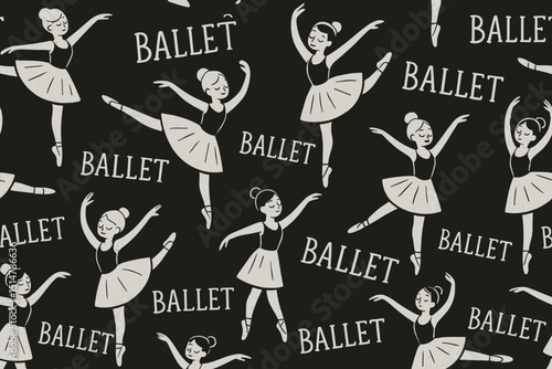 Vintage Ballet Dance Pattern. Seamless monochrome design: graceful ballerina silhouettes, tutus, pointe shoes & "BALLET" typography. Classical performing arts theme for fabric, wallpaper, backgrounds.