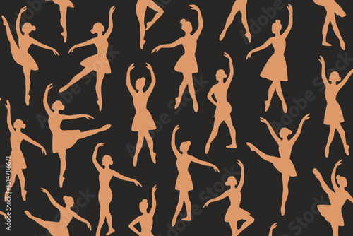 Seamless pattern of elegant ballet dancer silhouettes. Graceful ballerina figures in classical dance poses. Vector art for performance, studio, or textile design. Dance school background.