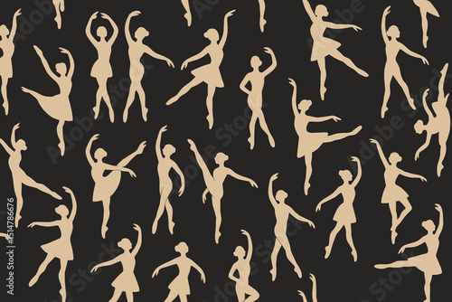 Ballet dancer silhouettes seamless pattern. Graceful ballerina figures in elegant poses. Classical dance art background. Young women performing. Vector illustration for textile, wallpaper, decor.