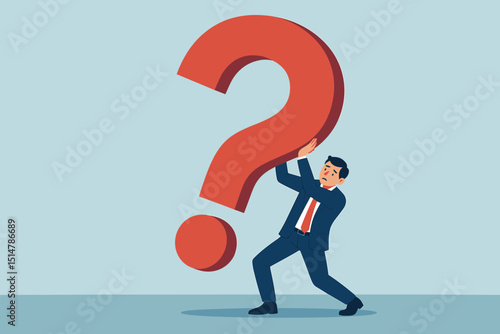 Confused businessman carrying a heavy red question mark symbol. Concept of business problem, dilemma, uncertainty, challenge, doubt, risk, and decision-making. Stressful situation.