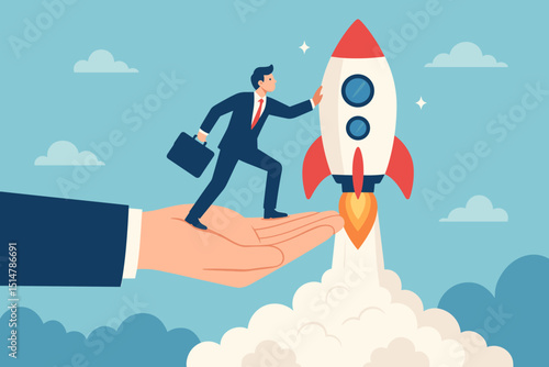 Businessman launching rocket from giant helping hand. Startup, new project, business growth, entrepreneurship concept. Mentor support, career boost, innovation, success vector.