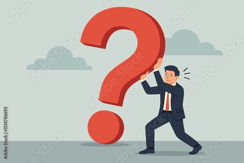 Confused businessman struggling under weight of giant red question mark. Business dilemma, problem solving, uncertainty. Man facing corporate challenge, decision making crisis, doubt. Concept.