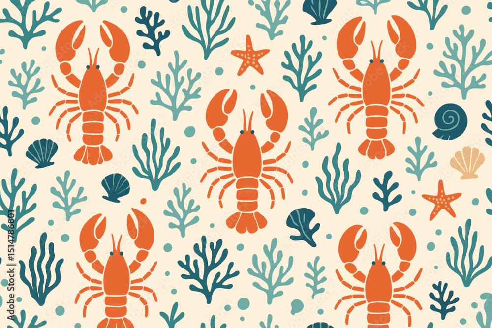 custom made wallpaper toronto digitalLobster seamless pattern vector illustration. Retro marine background with stylized orange lobsters, seaweed, shells, starfish. Underwater ocean life wallpaper. Seafood textile print design.