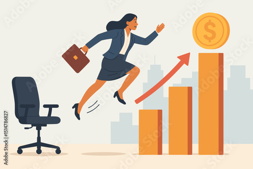 Businesswoman career advancement leap. Financial success concept with rising graph and dollar coin. Ambitious professional woman jumping from chair for new opportunity and growth.