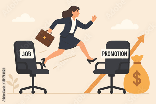 Career advancement concept: businesswoman leaping from current job to promotion. Illustrates professional growth, success, new opportunity, higher salary, corporate ladder climbing, financial gain.