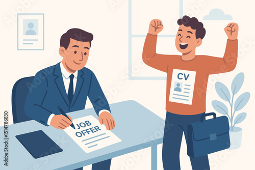 Job offer celebration concept. Happy candidate excited about new career opportunity. Manager signing employment contract. Successful recruitment process, hiring success vector illustration.