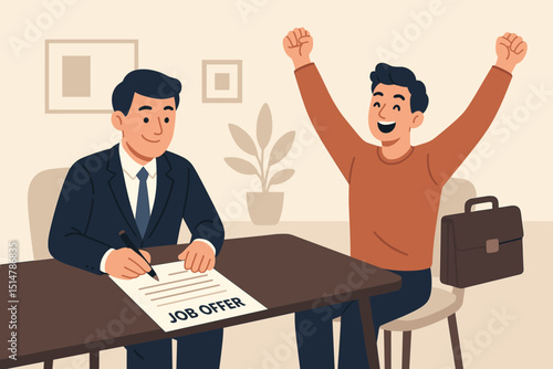 Job offer acceptance celebration. Happy candidate excited for new career. Hiring manager signs employment contract. Recruitment success, new job, achievement, corporate hiring, business deal.
