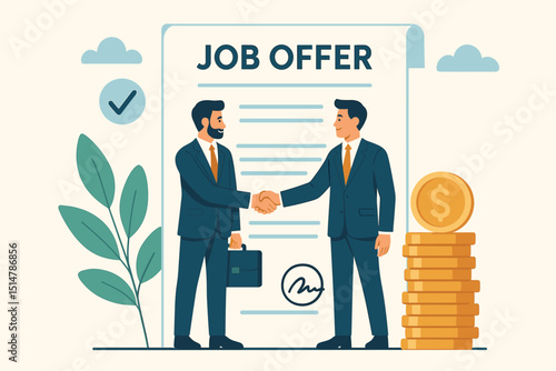 Job offer acceptance. Businessmen shaking hands, sealing employment agreement with signed contract. Successful recruitment, new career, salary negotiation, financial partnership vector.