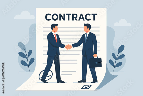 Contract agreement sealed with handshake by two businessmen in suits. Successful business deal, partnership, and negotiation concept. Corporate professionals, signed document, briefcase. Vector.