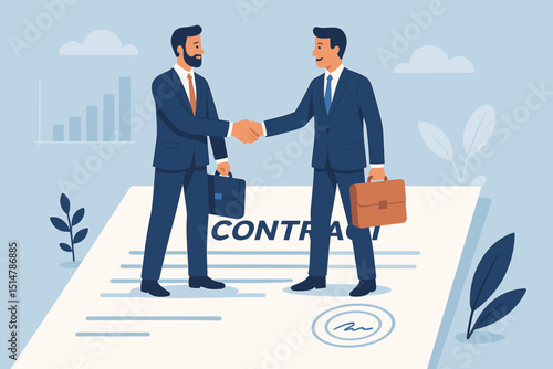 Successful business deal sealed with handshake. Two businessmen in suits confirm partnership standing on signed contract. Corporate agreement, collaboration, success. Growth chart, briefcases.