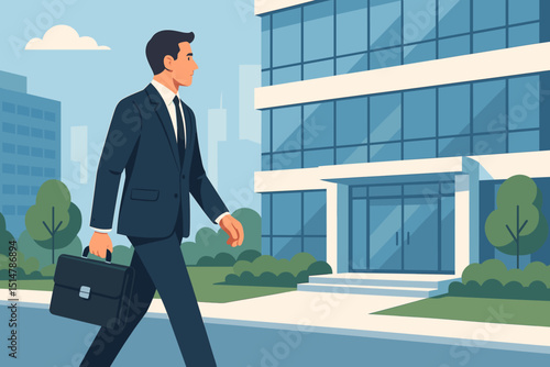 Businessman walking to modern office building. Professional executive with briefcase commuting to work. Corporate career concept in urban cityscape. Ambition, success, daily routine illustration.