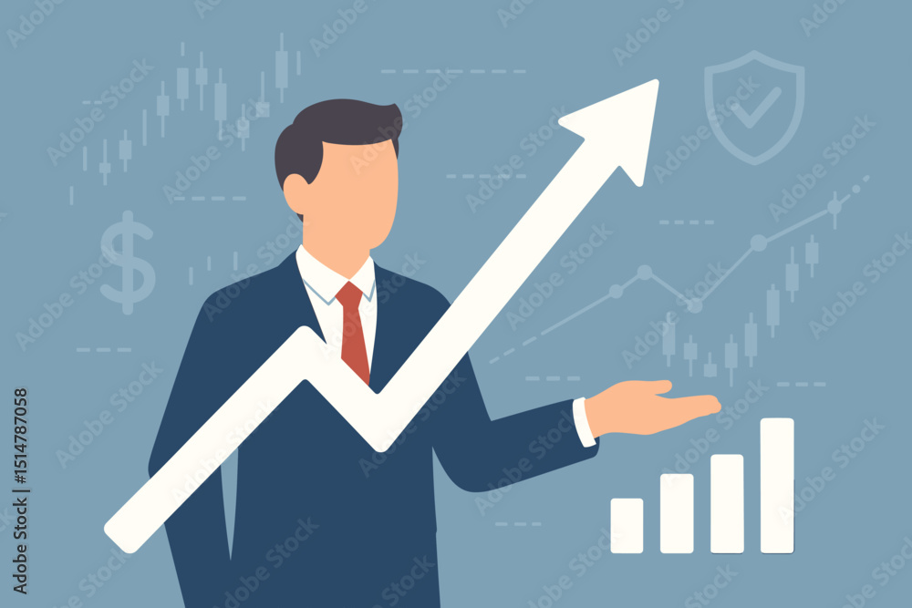 Businessman investor presenting stock market growth. Upward arrow, candlestick chart, bar graph. Financial success strategy, profit analytics. Secure investment, business development concept. Businessman investor presenting stock market growth. Upward arrow, candlestick chart, bar graph. Financial success strategy, profit analytics. Secure investment, business development concept.