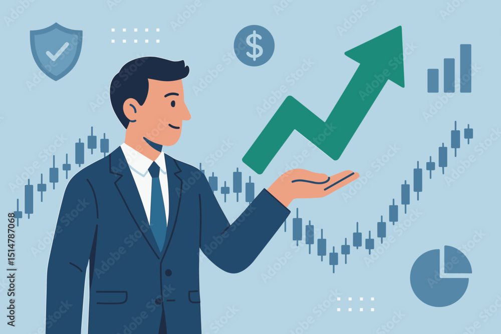 Stock market trader analyzing financial growth. Upward arrow, candlestick chart, business investment strategy. Forex profit, data analysis, secure wealth management concept. Vector. Stock market trader analyzing financial growth. Upward arrow, candlestick chart, business investment strategy. Forex profit, data analysis, secure wealth management concept. Vector.