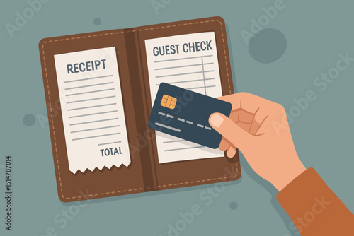 Paying restaurant bill with credit card illustration. Hand holding card over bill presenter with guest check and receipt. Financial transaction, dining expense, service payment concept. Vector.
