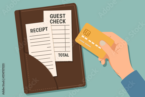 Restaurant bill payment concept illustration. Customer hand holding credit card to pay guest check and receipt in bill folder. Financial transaction, dining expenses, total amount. Service charge.