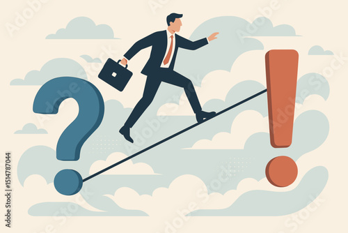 Businessman on tightrope walks from question mark to exclamation point. Metaphor for overcoming business challenges, problem solving, risk management, finding solutions, and achieving goals.