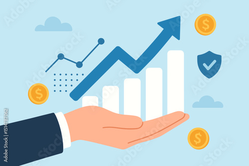 Businessman hand holding growth chart arrow. Financial investment success concept. Stock market trading, profit, and wealth building. Secure business strategy illustration. Finance analytics.