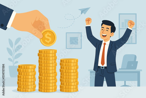 Happy businessman celebrating salary increase. Employee excited by financial bonus, income growth, career success. Vector of man cheering with gold coin stacks. Investment, wealth, profit.
