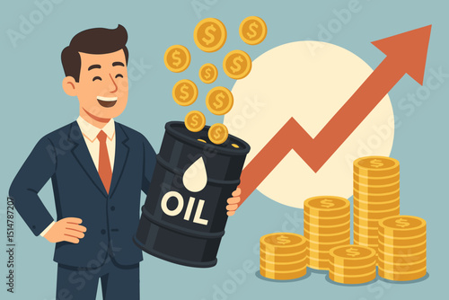 Businessman celebrating fuel profits. Oil barrel overflowing with gold coins, stacks of money, and upward arrow graph. Petroleum industry success, energy sector investment, financial growth concept.