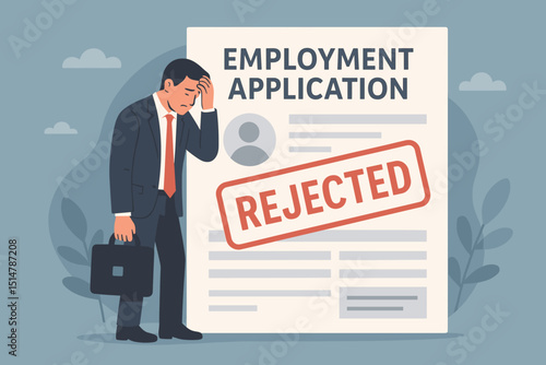Job application rejection concept. Depressed businessman with rejected employment form. Unemployment, career crisis, job loss, work failure, sadness, professional stress, disappointment illustration.