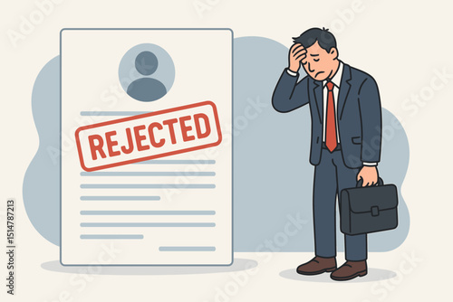 Career rejection concept. Sad businessman with rejected resume. Unemployed man facing job loss, disappointment. Recruitment failure, HR decision, denied application. Unemployment crisis.