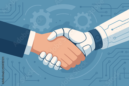 AI Robot Human Handshake: Business partnership, technology collaboration concept. Future innovation, automation, workforce integration, digital agreement. Circuit board, gears tech background.