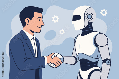 Human robot partnership. Businessman AI handshake. Future technology. Business collaboration. Automation innovation. Cyborg cooperation. Artificial intelligence agreement. Deal support.