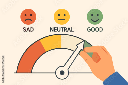 Mood meter satisfaction scale. Hand adjusting indicator from sad, neutral to good. Emotional regulation, positive thinking concept. Mental health, customer feedback, performance review. Vector.