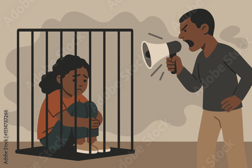 Trapped under pressure, child abuse concept. Girl in cage, man yelling with megaphone. Domestic violence, fear, anxiety, control, manipulation, power imbalance. Authoritarian parenting.