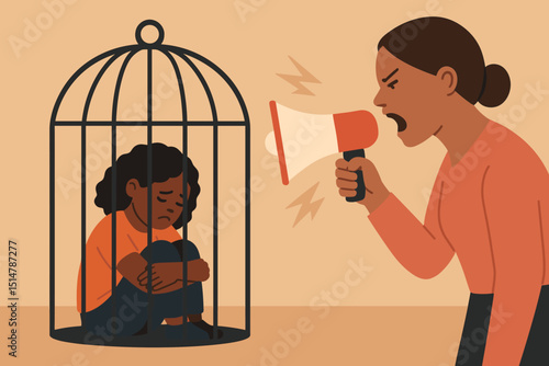 Child trapped in cage under pressure from aggressive adult yelling with megaphone. Emotional abuse concept, authoritarian parenting, toxic family environment, control, fear, child suffering.