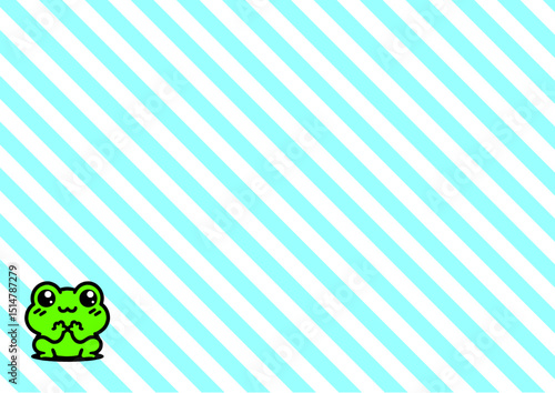 ライトブルーのストライプ模様に、愛らしいカエルのイラストが添えられた、広々としたコピースペース付きの爽やかなデザイン

