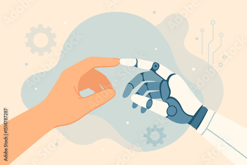 Human hand meets robot hand, a digital genesis. AI connection, future technology, innovation, and collaborative interaction concept. Vector illustration of man and machine synergy.