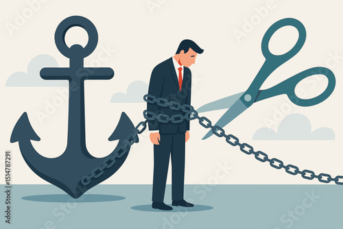 Breaking free from stress: Businessman chained to heavy anchor, scissors cutting chains. Metaphor for liberation, overcoming burdens, debt, achieving freedom, problem solving. Mental health concept.