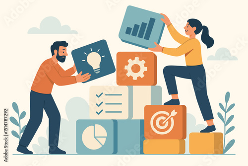 Business collaboration concept. Startup team building project with icon blocks for idea, growth, tasks, goals. Teamwork, strategy, development, and project management for success.