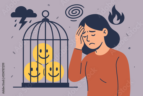Concept of suppressed joy and mental health struggle. Sad woman with caged positive emotions, smiley faces locked away. Metaphor for depression, anxiety, and inner conflict. Vector illustration.
