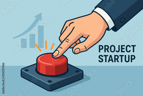 Businessman launching new venture: Hand pressing red button for project startup. Growth chart background. Concept for business initiative, innovation, development, taking action, strategy.
