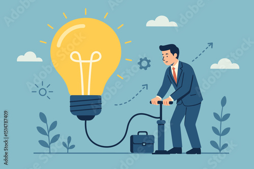 Businessman inflates lightbulb idea with air pump. Innovation, startup growth, creative thinking, business strategy concept. Entrepreneur pumping energy into bright project. Vector art for success.