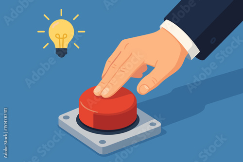 Launching new venture, innovative idea concept. Businessman hand pressing big red button for startup ignition. Project initiation, strategic decision, taking action, business growth vector.
