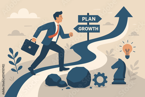 Strategic business journey concept. Businessman striding on career path with plan and growth signs. Overcoming obstacles for success. Innovation, strategy, development, and achievement vector.